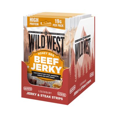 Wild West Honey BBQ Beef Jerky 12 60g High Protein Gluten Free Snack No Added MSG Ideal for Gym, Travel, Hiking & Everyday Energy