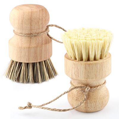 2 Pack Dish Scrub Brushes Wooden Pot Cleaning Scrubbers Natural Sisal Palm Bristles Diswashing Brush with Handle Rope for Dishes Pots Pan Wok Skillet Vegetables Kitchen Sink