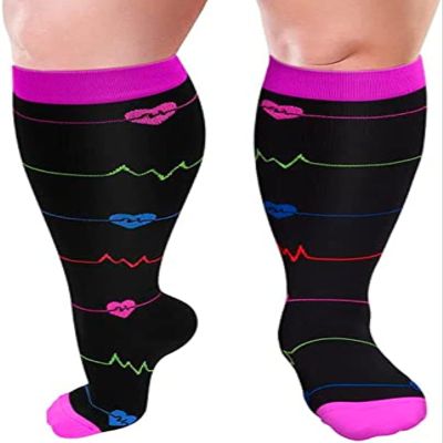 Cheeroyal 1 Pair Plus Size Compression Socks for Women and Men, 20-30mmhg Extra Large Wide Calf Knee High Stockings for Circulation Support (2XL, YS001-6)