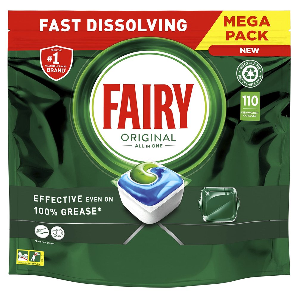 Fairy Original All In One Dishwasher Tablets, Regular, 110 Tablets, Effective Even On Dried-On Grease
