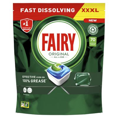 Fairy Original All In One Dishwasher Tablets, Regular, 70 Tablets, Effective Even On Dried-On Grease