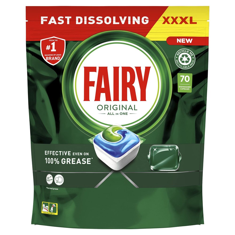 Fairy Original All In One Dishwasher Tablets, Regular, 70 Tablets, Effective Even On Dried-On Grease
