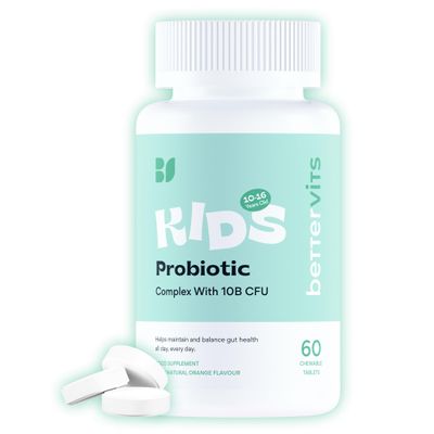 Bettervits Kids Probiotic Complex  10 Billion CFU | Probiotics for Children 10-16 years old - Gut Health and Immunity Support | Maintains Healthy Digestion | 60 Chewable Orange-Flavored Tablets.