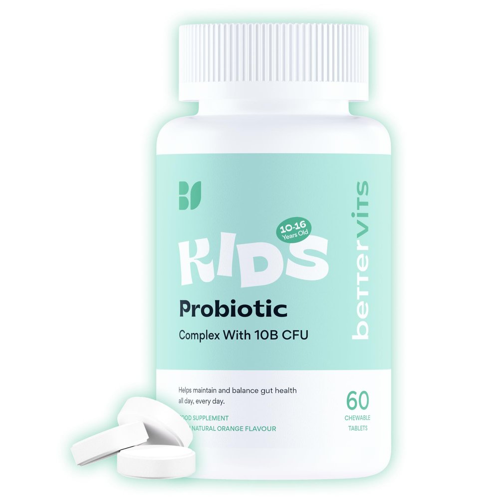 Bettervits Kids Probiotic Complex  10 Billion CFU | Probiotics for Children 10-16 years old - Gut Health and Immunity Support | Maintains Healthy Digestion | 60 Chewable Orange-Flavored Tablets.