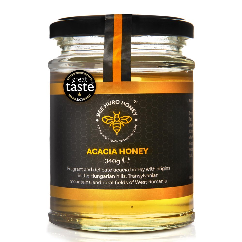 Bee HURO Honey Raw Acacia Honey - 100% Pure Honey Raw Unpasteurized with No Added Sugar or Preservatives - 340g