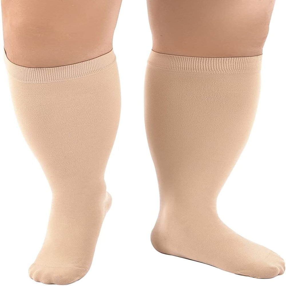Cheeroyal 1 Pack Plus Size Compression Socks for Women and Men, 20-30mmhg Extra Large Wide Calf Knee High Stockings for Circulation Support (5XL, skin)