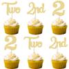 24Pcs 2nd Birthday Cupcake Toppers Glitter Second Birthday Two Cupcake Picks for Baby Shower 2nd Birthday Anniversary Party Cake Decorations Supplies Gold