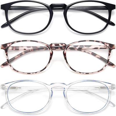 IBOANN 3 Pack Blue Light Blocking Glasses Women/Men, Fake Vintage Eyeglasses with Clear Lens ,Fashion Round Retro Frame, B117-29 Light Black&clear Blue&clear, M