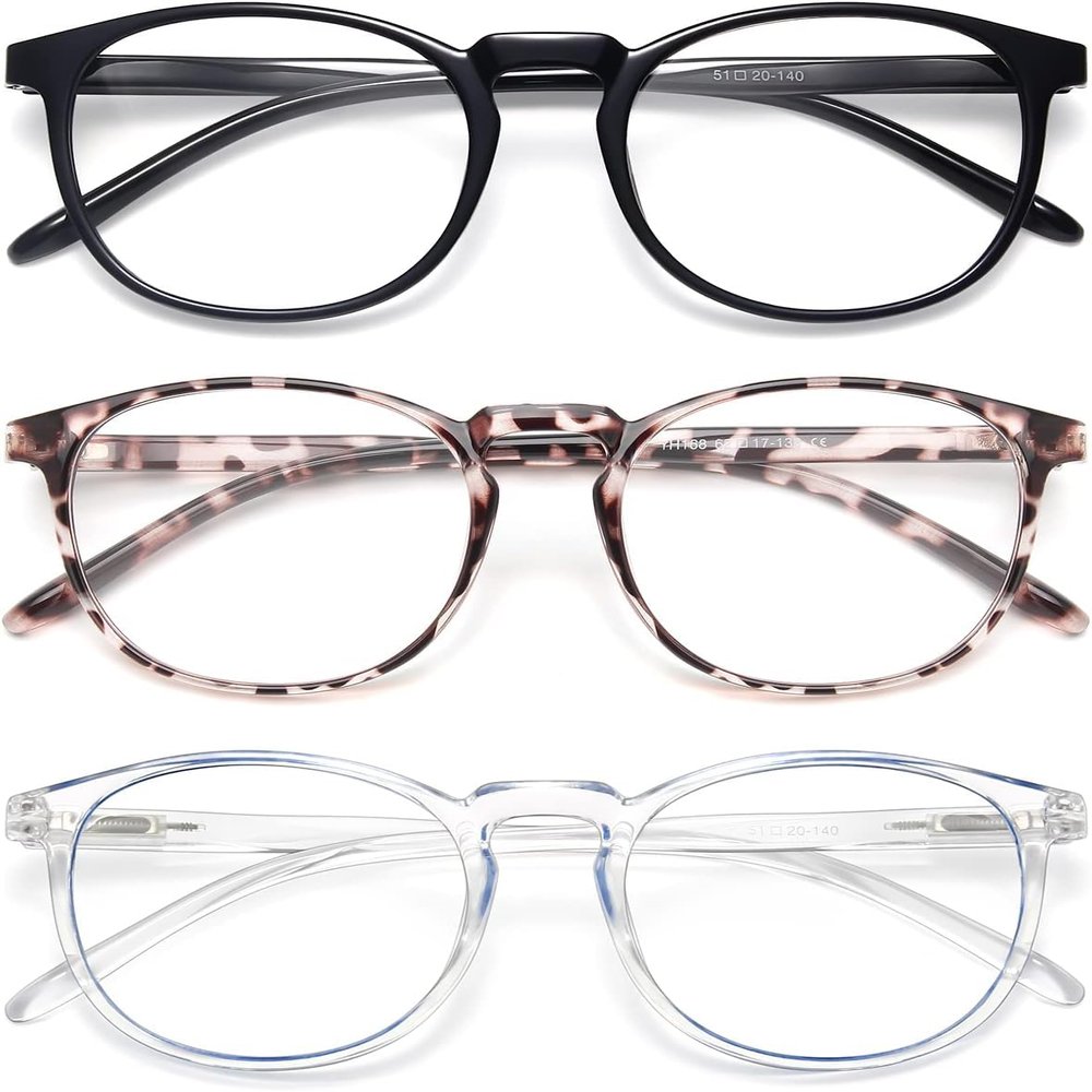 IBOANN 3 Pack Blue Light Blocking Glasses Women/Men, Fake Vintage Eyeglasses with Clear Lens ,Fashion Round Retro Frame, B117-29 Light Black&clear Blue&clear, M