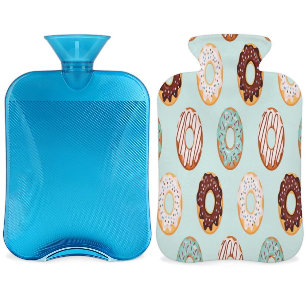 Doughnuts Hot Water Bottle with Fluffy Cover,2L Large Capacity,Prints Doughnuts Bottle Water Bag for Cosy Nights Relief Pain Back Neck and Shoulders