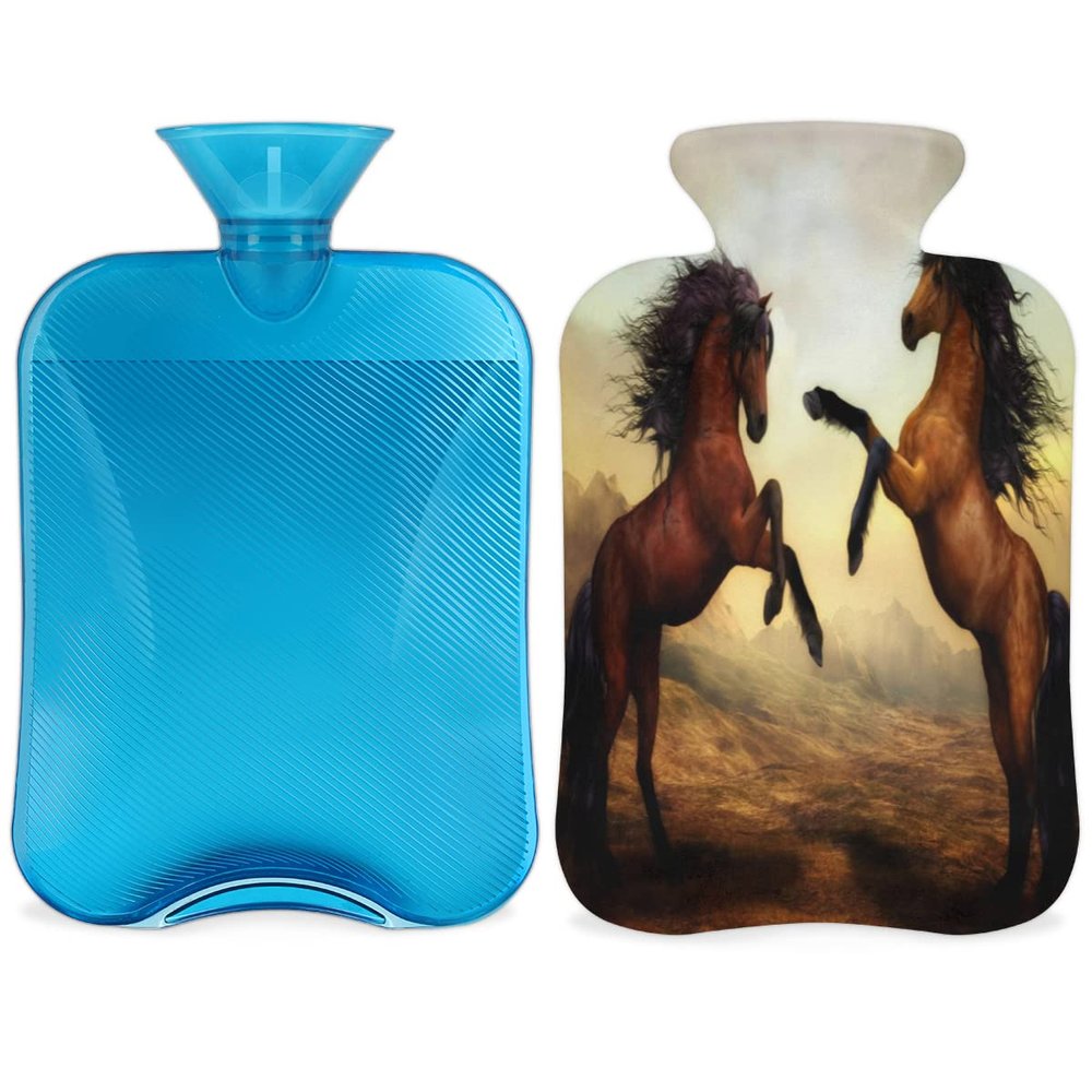 Horse Animals Hot Water Bottle with Fluffy Cover,2L Large Capacity,Horse Bottle Water Bag for Cosy Nights Relief Pain Back Neck and Shoulders