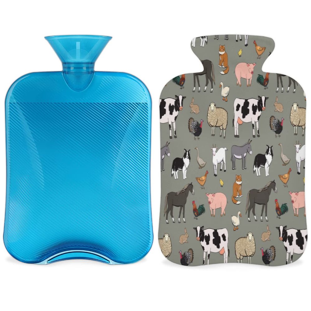 Cute Farm Animals Hot Water Bottle with Fluffy Cover,2L Large Capacity,Animals Rooster Cow Bottle Water Bag for Cosy Nights Relief Pain Back Neck and Shoulders