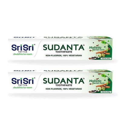Sri Sri Tattva Sudanta Herbal Toothpaste - All Natural, Fluoride Free Tooth Paste with Cloves, Cinnamon, Bakul & More - 200g (Pack of 2), for Kids and Adults