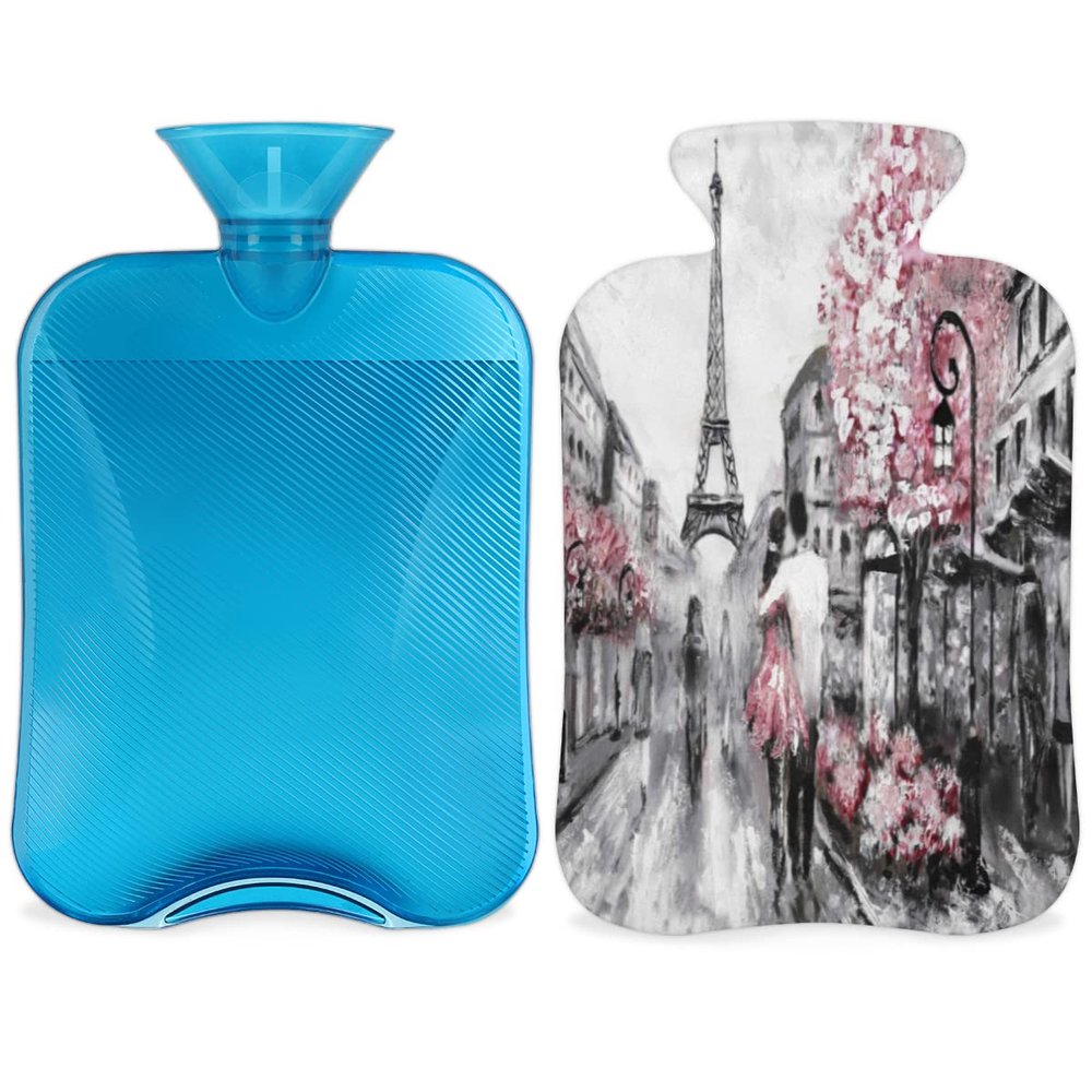 Eiffel Tower Hot Water Bottle with Fluffy Cover,2L Large Capacity,France Eiffel Tower Bottle Water Bag for Cosy Nights Relief Pain Back Neck and Shoulders