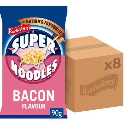Batchelors Super Noodles Bacon Flavour, Instant Snack Ready in 4 Minutes, 90 g Packet (Pack Of 8)
