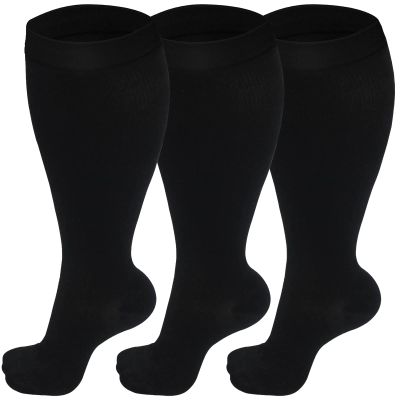 3 Pairs Plus Size Compression Socks (20-30 mmHg) for Women & Men, Wide Calf Extra Large Calves Knee High Flight Stockings for Pregnancy, Nurses, Seniors (2XL)