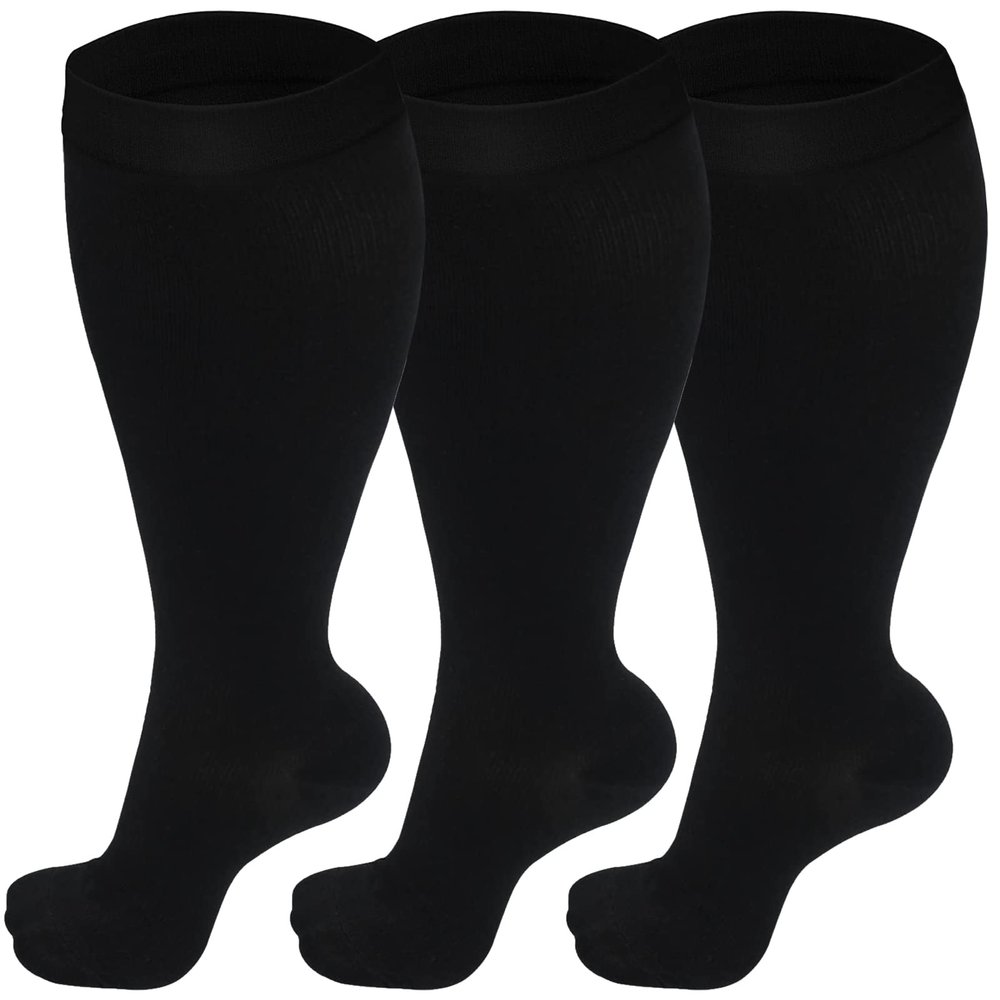 3 Pairs Plus Size Compression Socks (20-30 mmHg) for Women & Men, Wide Calf Extra Large Calves Knee High Flight Stockings for Pregnancy, Nurses, Seniors (2XL)