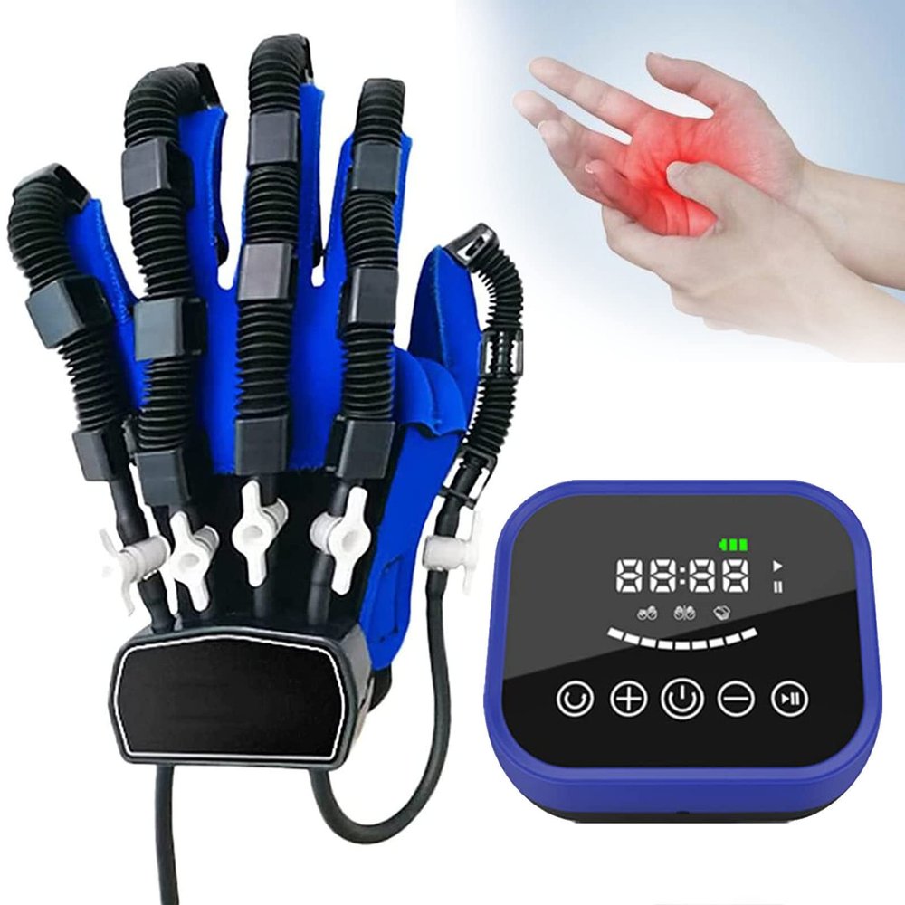 BEESOM Hand Rehabilitation Robot Gloves, Stroke Hand Therapy Equipment, Mirror Therapy for Hemiplegia Finger Trainer, Finger and Hand Function Rehabilitation,Blue-Left-L