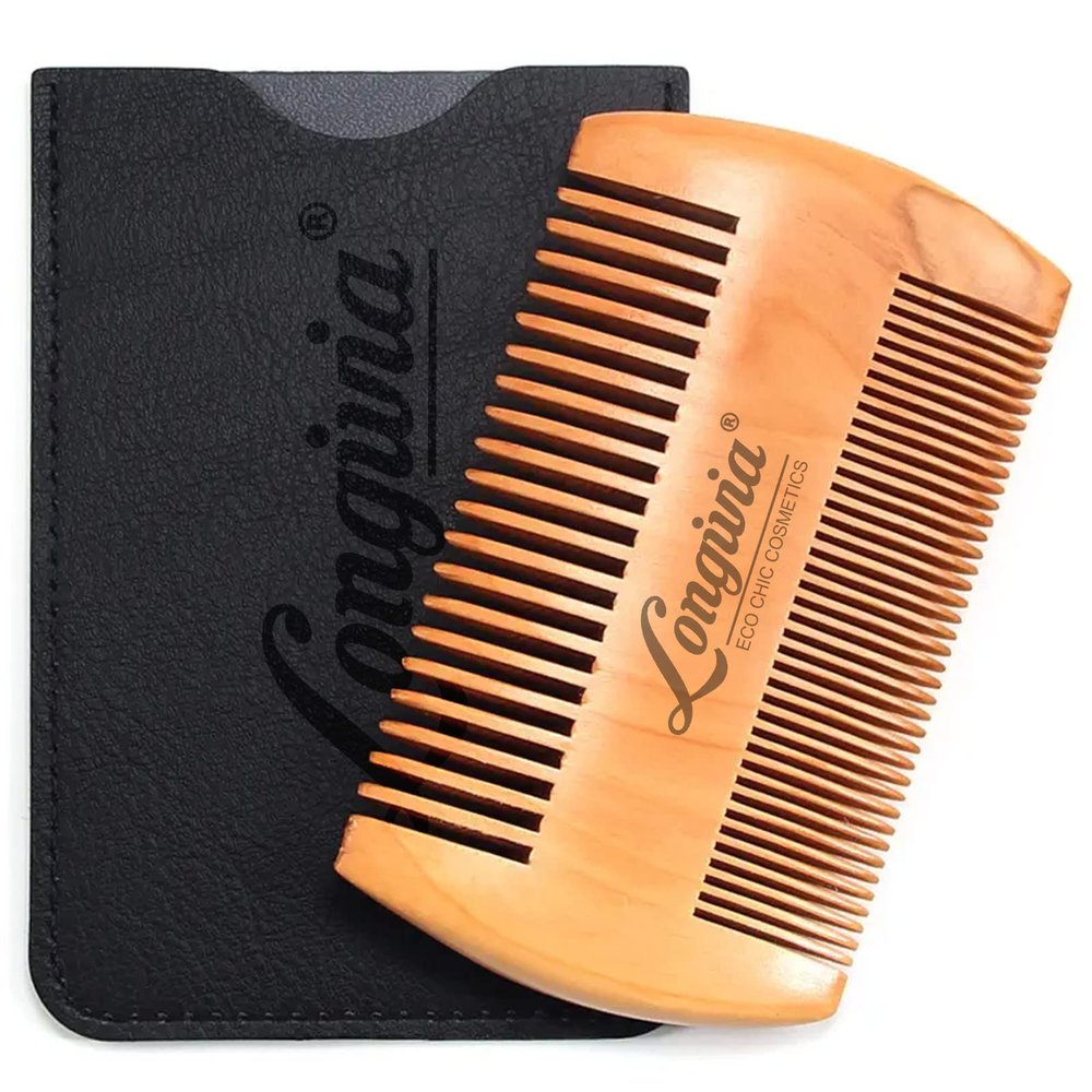 Longivia Beard Comb for Men 100% Pear Wood Ecological Comb for Beard and Moustache Care and Care  Anti-Static Barberia Accessory  Synthetic Leather Case