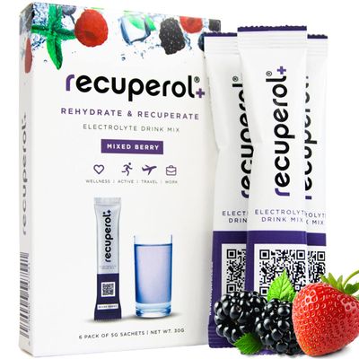 Recuperol Rehydration & Recovery Electrolytes Powder Supplement for Dehydration, Replace Electrolytes (Mineral Salts) & fluids, Zinc, Vitamin C, B12, D3, Potassium, Mixed Berry - 6 Sachets