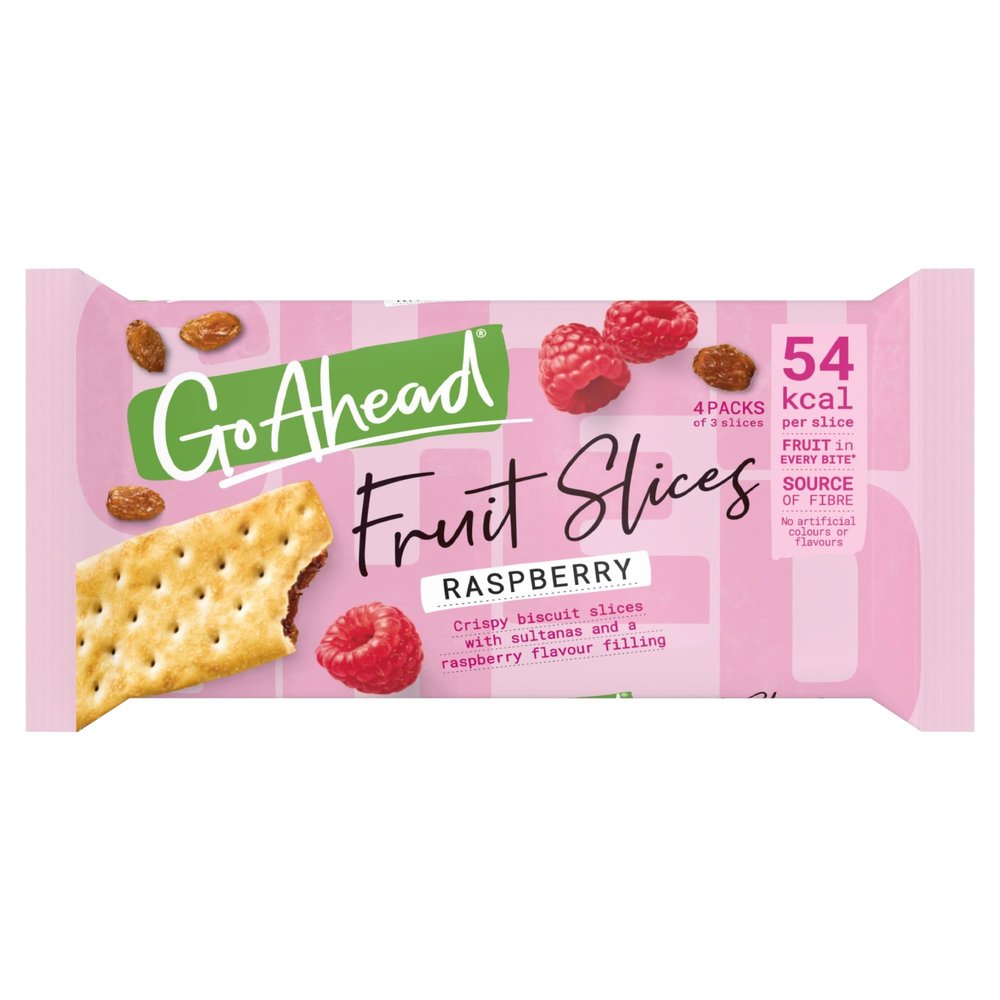 Go Ahead Biscuit Bars Raspberry Crispy Fruit Slices, 4 Individually Wrapped Packs with 3 Slices in Each, 174 g (Pack of 22)