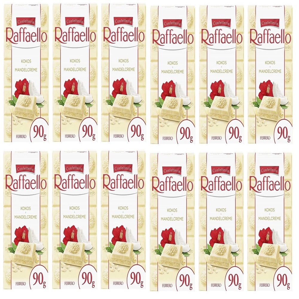 12 x Ferrero Raffaello Crema di Mandorle e Cocco Filled White Chocolate with Almond Cream and Coconut 90 g Bar