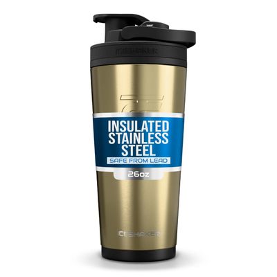Ice Shaker Insulated Stainless Steel Shaker Bottle | 26oz, Gold | Cold for 30+ Hours | Insulated Cup with Twist-on Agitator | Odor-Free Bottle for Protein Shakes, Water, Smoothies, Cocktails