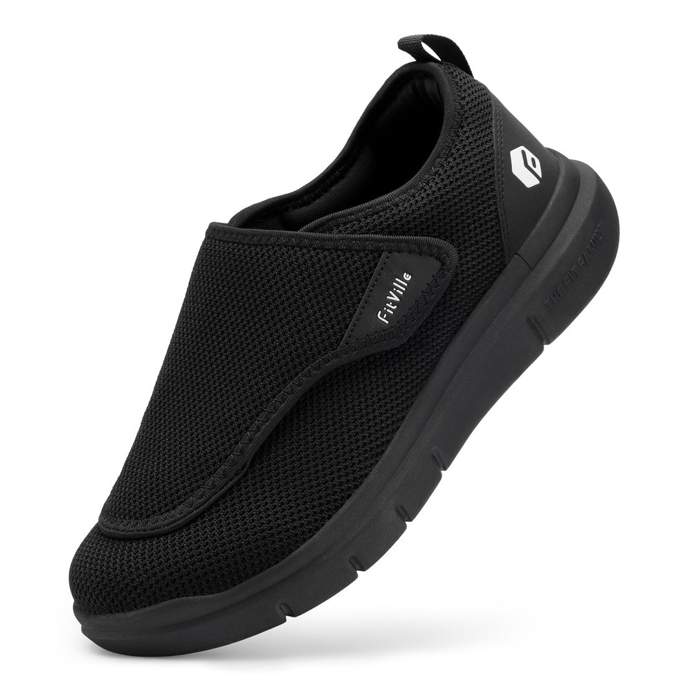 FitVille Mens Extra Wide Fit Diabetic Shoes Easy Close Adjustable Orthopedic Slippers for Swollen Feet Plantar Fasciitis Lightweight Walking Shoe, Black, 8 UK X-Wide