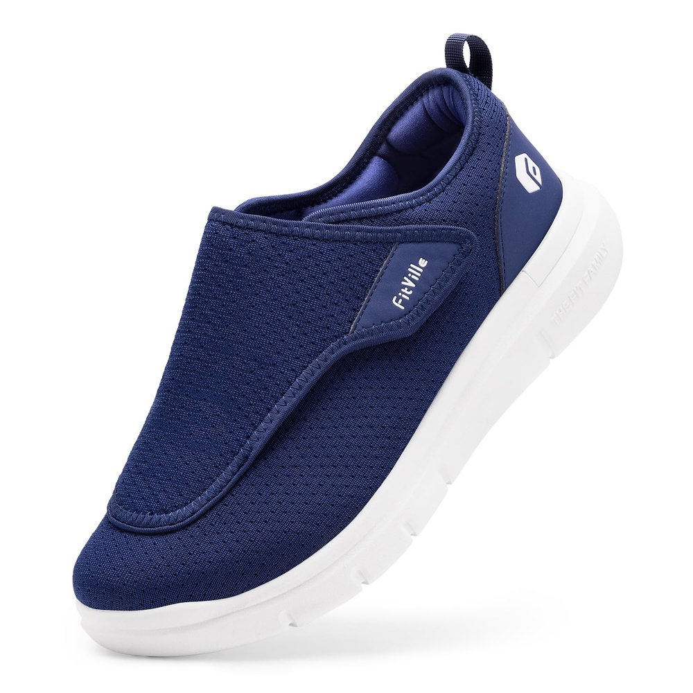 FitVille Mens Extra Wide Fit Diabetic Shoes Easy Close Adjustable Orthopedic Slippers for Swollen Feet Lightweight Walking Shoe, Blue, 11 UK X-Wide
