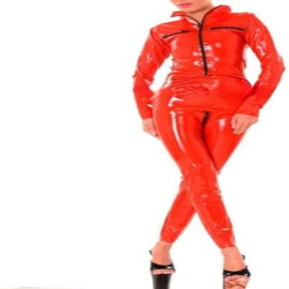 Red Sexy Latex Catsuit with Four Zips, Rubber Jumpsuit, Body Suit, Overall,Black,Female M