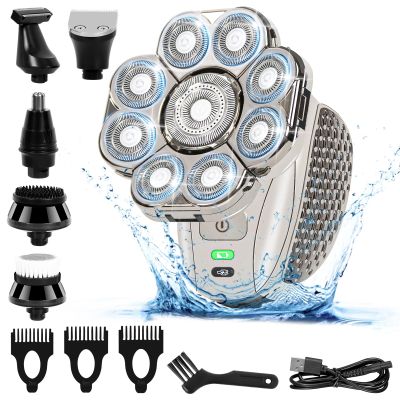 Electric Shaver Beard, 9D 6 in 1 Men's Shaver Bald Head Shaver with 9 Heads Professional Electric Shaver Bald Head Zero IPX7 Waterproof for Face Head Body Nose Ears
