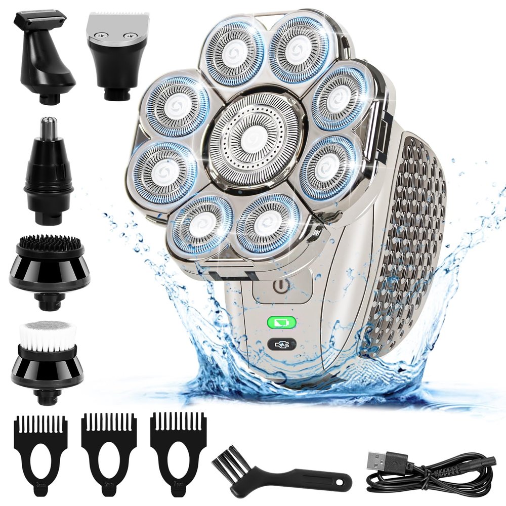 Electric Shaver Beard, 9D 6 in 1 Men's Shaver Bald Head Shaver with 9 Heads Professional Electric Shaver Bald Head Zero IPX7 Waterproof for Face Head Body Nose Ears