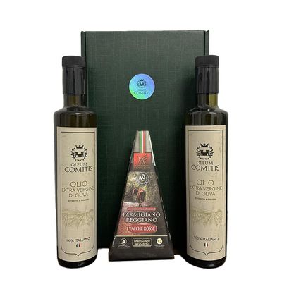 Oleum Comitis - Extra Virgin Olive Oil 100% Italian Cold Pressed - Gift Box with 2 x 500 ml Bottles and Parmigiano Reggiano DOP Vacche Rosse 40 Months