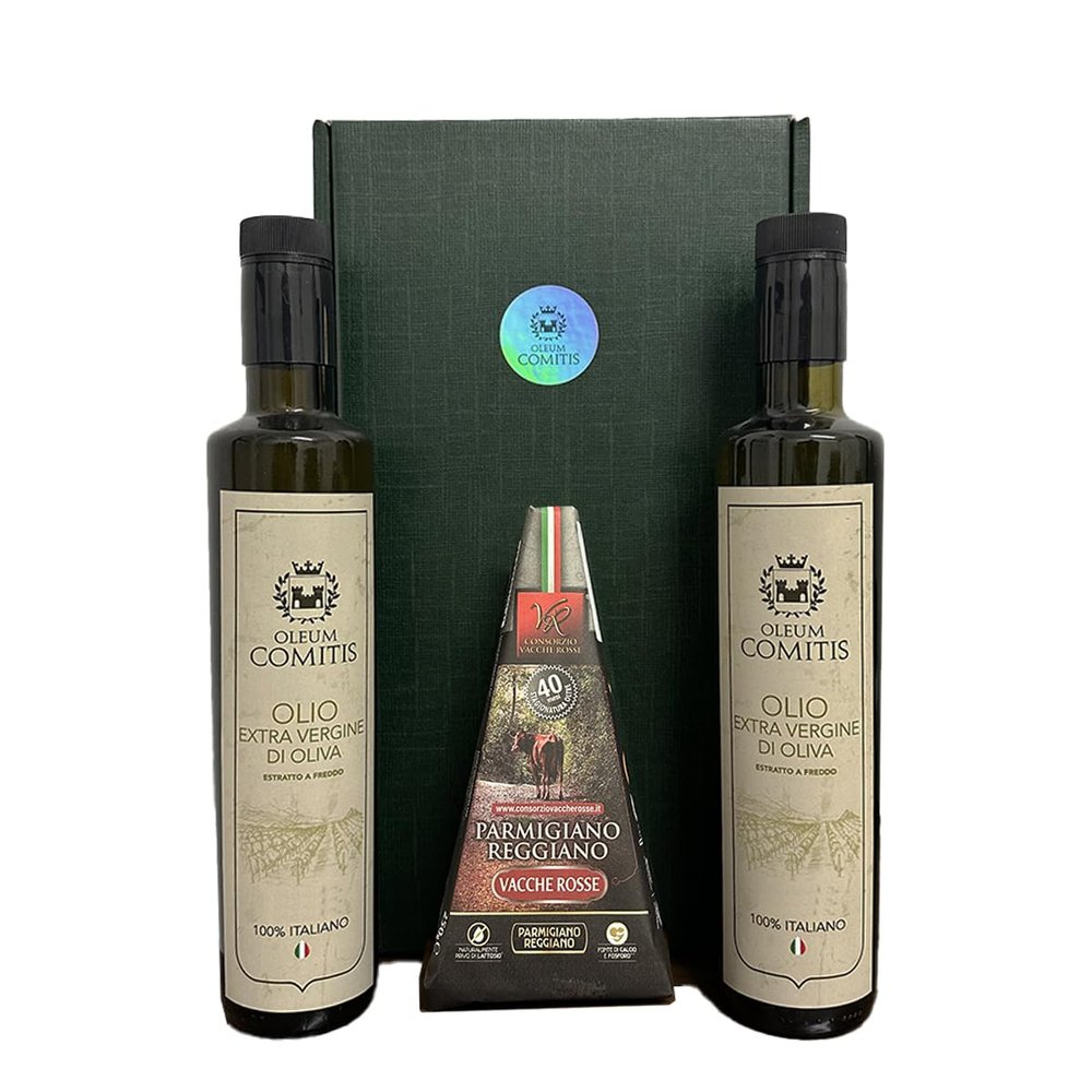 Oleum Comitis - Extra Virgin Olive Oil 100% Italian Cold Pressed - Gift Box with 2 x 500 ml Bottles and Parmigiano Reggiano DOP Vacche Rosse 40 Months