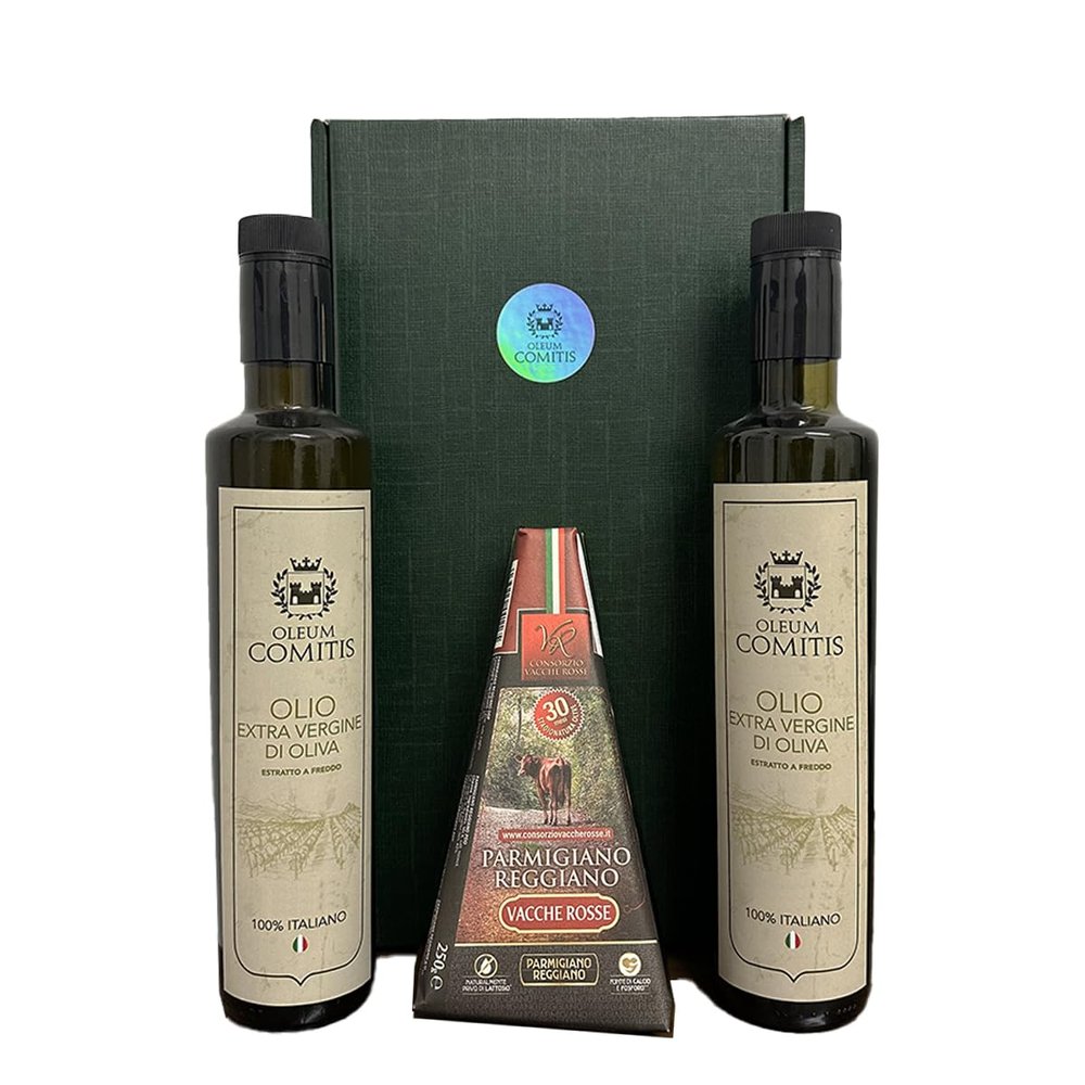 Oleum Comitis - Extra Virgin Olive Oil 100% Italian Cold Pressed - Gift Box with 2 x 500 ml Bottles and Parmigiano Reggiano DOP Vacche Rosse 30 Months
