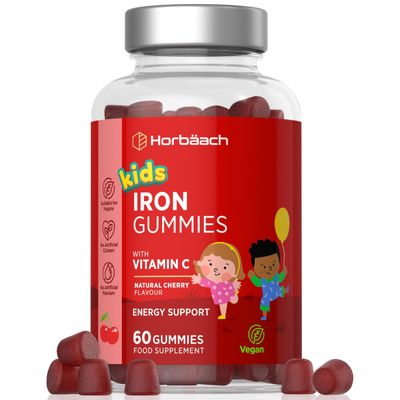 Iron Gummies for Kids with Vitamin C | 7mg of Iron with 20mg of Vitamin C for Absorption | Energy Support | Cherry Flavoured Tablet Alternative | Vegan | 60 Count | by Horbaach