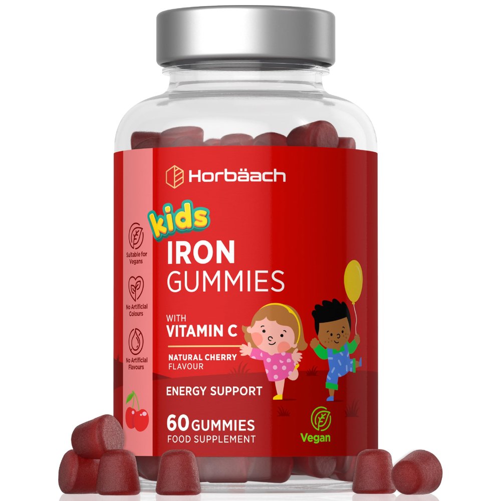 Iron Gummies for Kids with Vitamin C | 7mg of Iron with 20mg of Vitamin C for Absorption | Energy Support | Cherry Flavoured Tablet Alternative | Vegan | 60 Count | by Horbaach