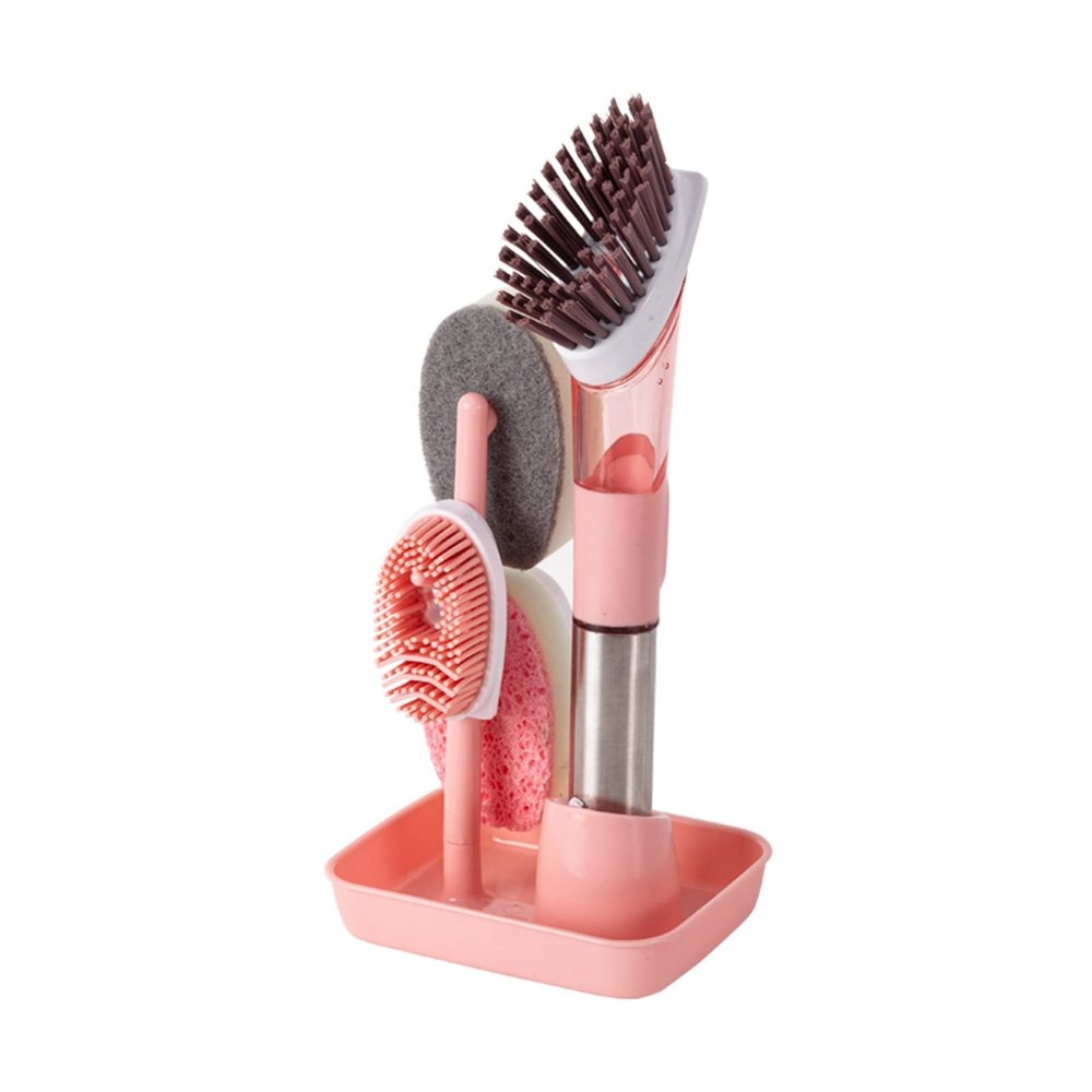 MACIMO Cleaning Brush With 4 Heads Soap Dispenser Refillable Washing Sponge Kitchen Brush With Stand (Color : Pink)