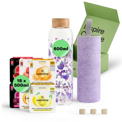 waterdrop Glass Starter Set 600ml Borosilicate Glass Bottle + 18 Sugar-Free Microdrink Hydration Cubes in 6 Flavours, Vitamin C & B Infused, BPA Free Water Bottle, Gift Set