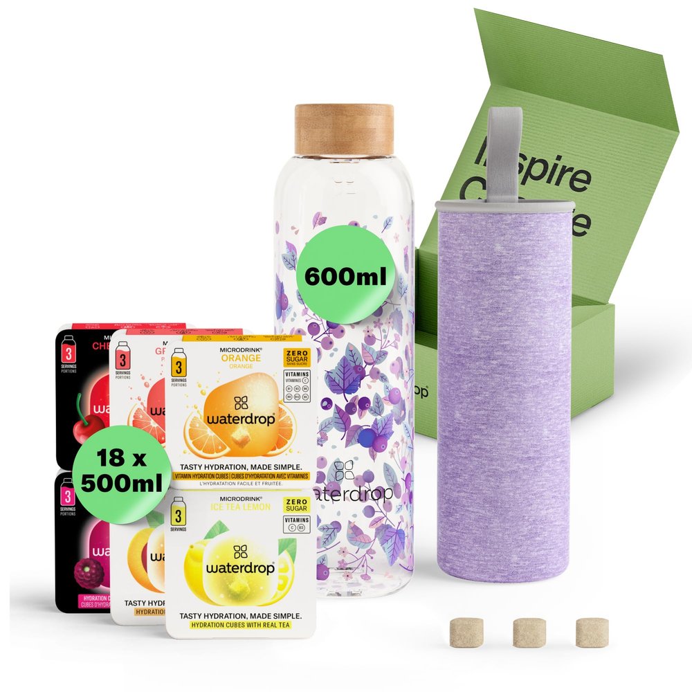 waterdrop Glass Starter Set 600ml Borosilicate Glass Bottle + 18 Sugar-Free Microdrink Hydration Cubes in 6 Flavours, Vitamin C & B Infused, BPA Free Water Bottle, Gift Set