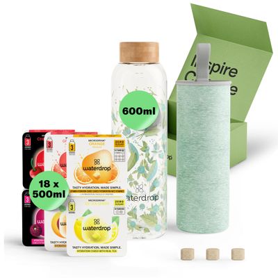 waterdrop Glass Starter Set 600ml Borosilicate Glass Bottle + 18 Sugar-Free Microdrink Hydration Cubes in 6 Flavours, Vitamin C & B Infused, BPA Free Water Bottle