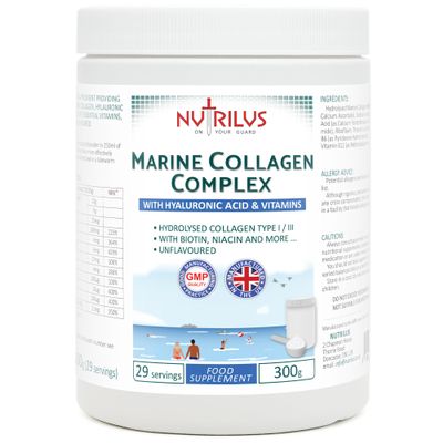 Nutrilus Hydrolysed Marine Collagen Powder 300g with Hyaluronic Acid and Vitamins - 29 Servings - with Biotin, Folic Acid, B12 & More - High Protein - for Skin, Hair, Nails, Joints (Neutral)