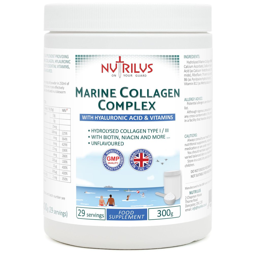 Nutrilus Hydrolysed Marine Collagen Powder 300g with Hyaluronic Acid and Vitamins - 29 Servings - with Biotin, Folic Acid, B12 & More - High Protein - for Skin, Hair, Nails, Joints (Neutral)