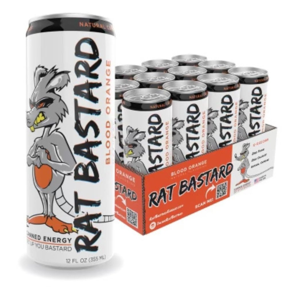 RAT BASTARD Energy Drink - Sugar-Free Caffeinated Beverage Infused with Vitamins and Amino Acids, Natural Caffeine to Boost Energy and Focus, Blood Orange Flavor, 12 fl oz Can (Case of 12)