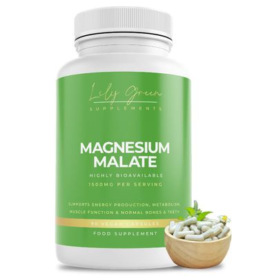 Lily Green Magnesium Malate Capsules | 1500mg Per Serving Magnesium Malate Supplements for Energy, Muscle & Nerve Support | 90 Vegan Capsules | Made in UK