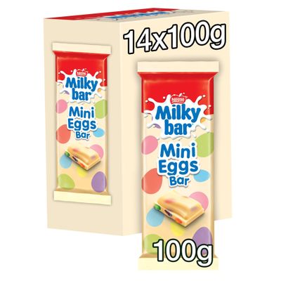 Milkybar Mini Eggs Sharing Bar | Smooth White Chocolate Bar with Chocolate Inclusions | 100 g (Pack of 14)