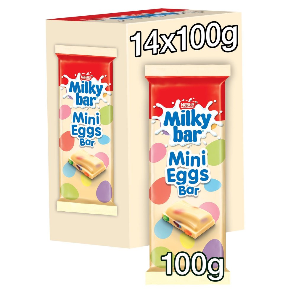 Milkybar Mini Eggs Sharing Bar | Smooth White Chocolate Bar with Chocolate Inclusions | 100 g (Pack of 14)