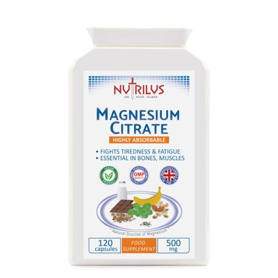 Nutrilus Magnesium Citrate Capsules 120 x 500mg - 150mg of Bioavailable Elemental Magnesium per Capsule - not Tablets - for Bones - Muscles - Tiredness - Cramps - Sleep