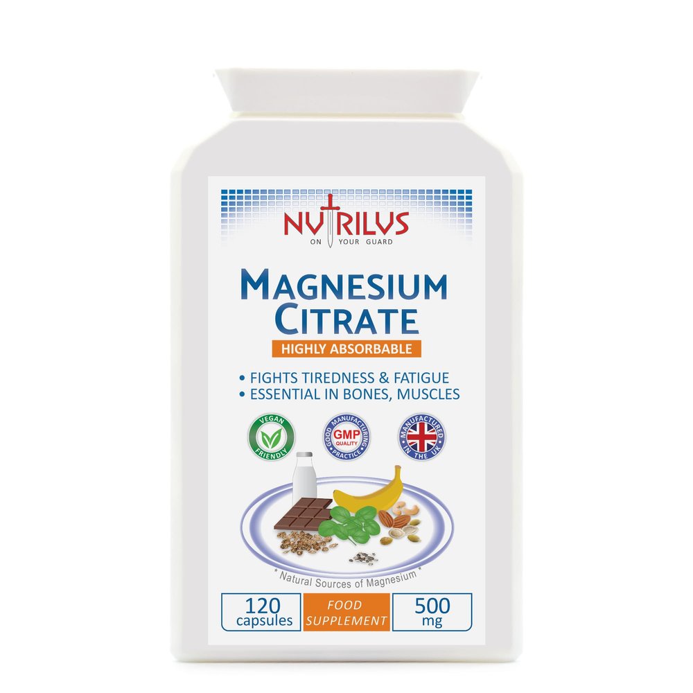 Nutrilus Magnesium Citrate Capsules 120 x 500mg - 150mg of Bioavailable Elemental Magnesium per Capsule - not Tablets - for Bones - Muscles - Tiredness - Cramps - Sleep