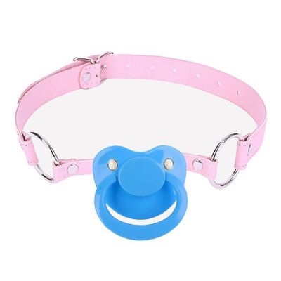 ABDL Adult Pacifier Gag - DDLG Dummy Gag for Adults - Light Pink with Blue Pacifier
